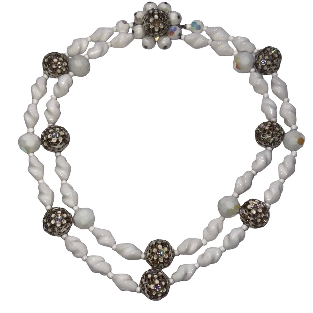 White Beads & Floral Silver Beaded 2 Strand Vintage Necklace Costume Jewelry